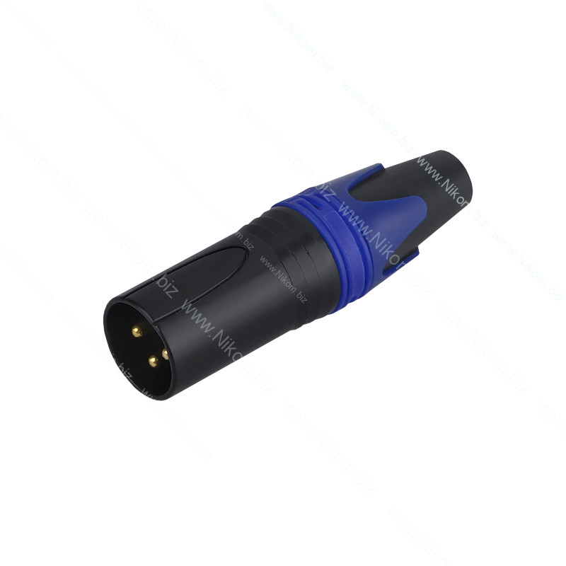 Штекер XLR 3pin, на кабель, чорний, синя вставка