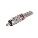 Штекер RCA червоний (2 смуги), 43xd11мм, корпус і кабельний ввід метал, 2pin під пайку на кабель, (),
   [China]